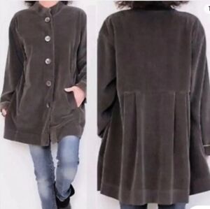 EUC J.JILL OLIVE GREEN PREPPY CORDUROY PEPLUM BACK MANDARIN COLLAR CHORE COAT LT